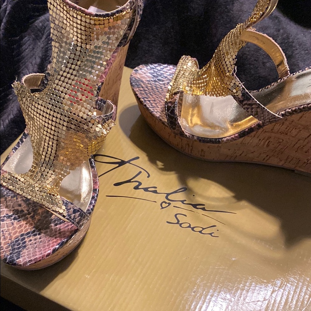 Thalia Sodi Gold and Brown Wedge Sandals